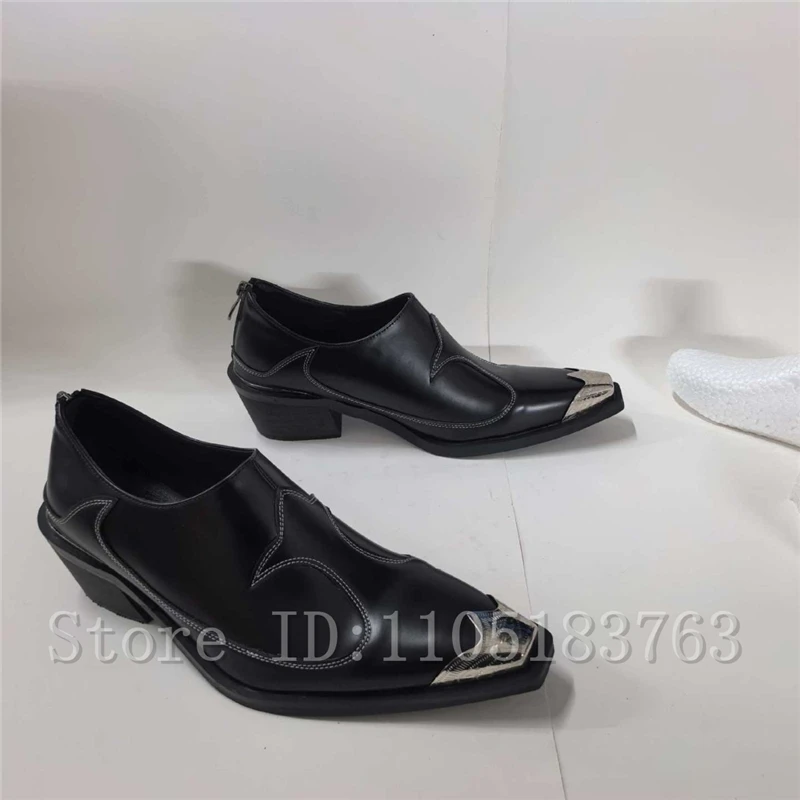 

Retro Gothic Punk Western Cowboy Style Men Loafers Black Leather Metal Pointed Toe Block Low Heel Stitched Line Short Boots