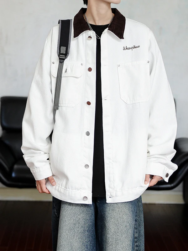 

Мужская джинсовая куртка в стиле ретро с кожаным воротником и элементами пэчворка, весенняя, модная, универсальная, в стиле детройтской рабочей одежды