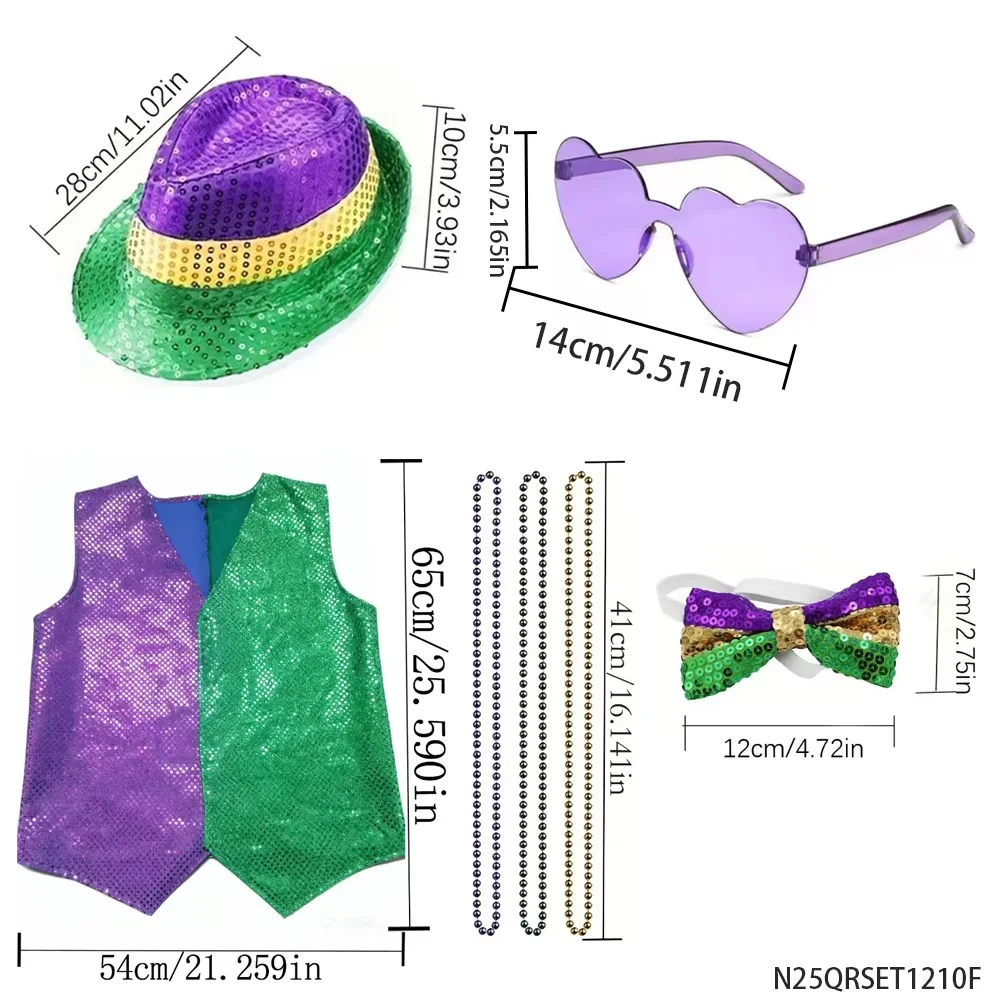 Zestaw Kostiumowy na Mardi Gras z Cekinami: Kapelusz, Kamizelka, Okulary, Naszyjnik z Koralików, Muszka, Akcesoria Imprezowe