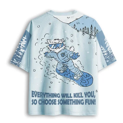 Snowboarding Cat Cartoon Print Mesh Jersey V Neck Short Sleeve Casual Tee