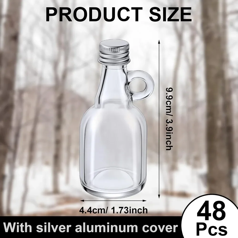 48 1.7-ounce Glass Syrup Bottles, Clear Glass Bottles with Aluminum Caps and Ring Handles, Reusable Maple Syrup Jars