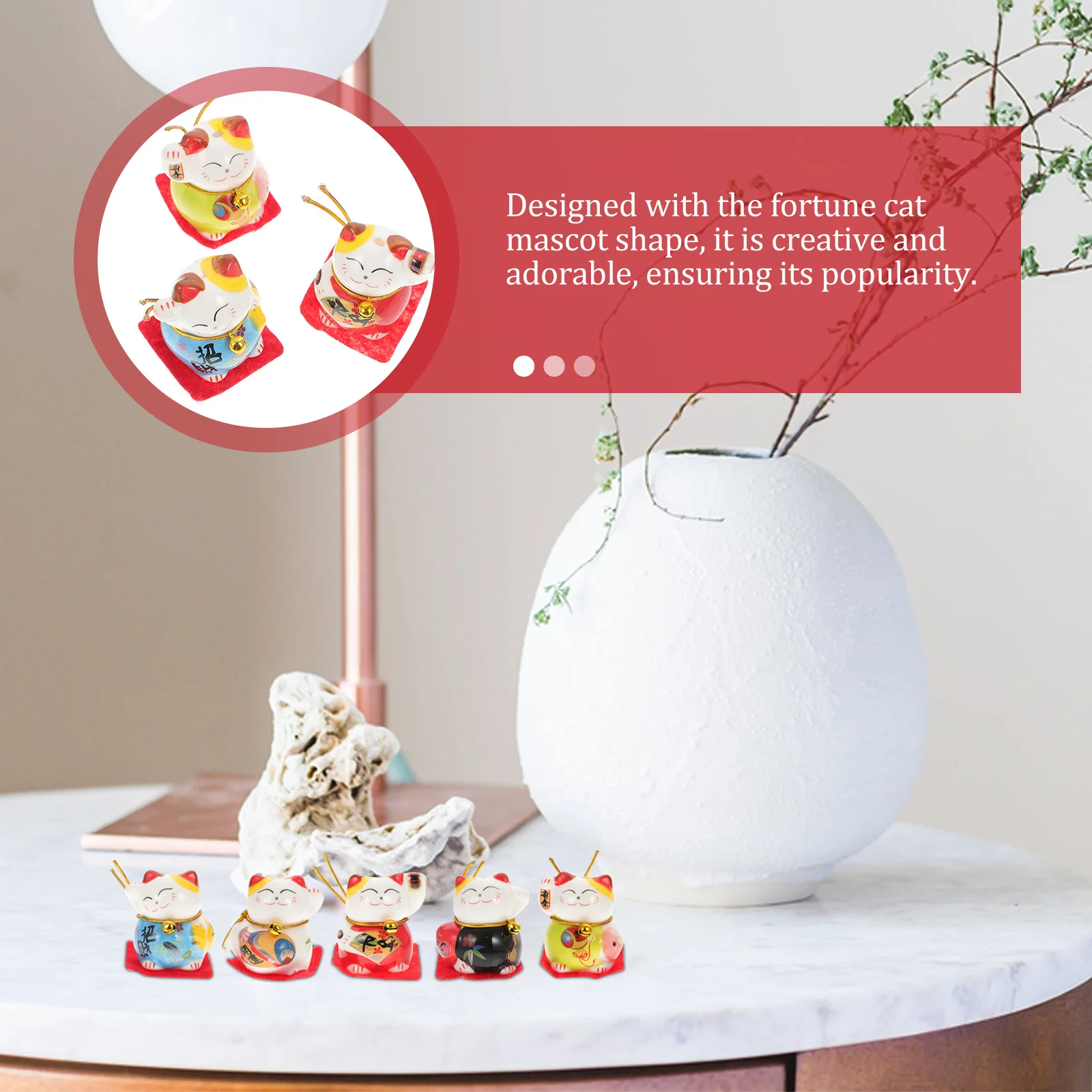 

5Pcs Auspicious Fengshui Cat Decor White Porcelain Material Sturdy Wear-Resistant Home Car Office Decoration