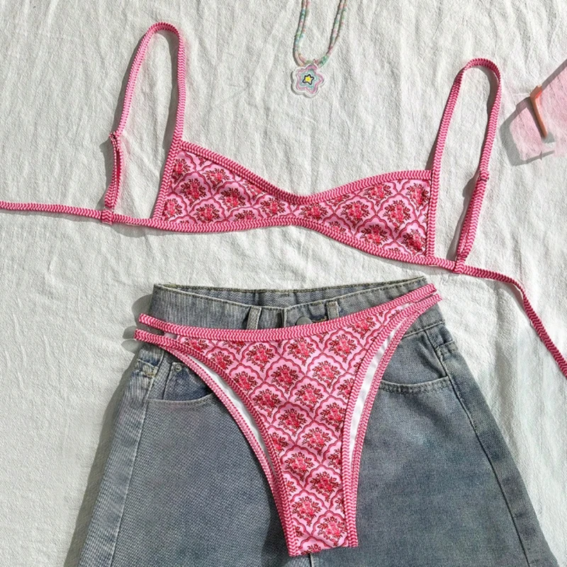 Trendy Flowers Printed Bikini Female Swimsuit Women Swimwear Two-pieces Bikini set Bathing Suit Swim купальник женский