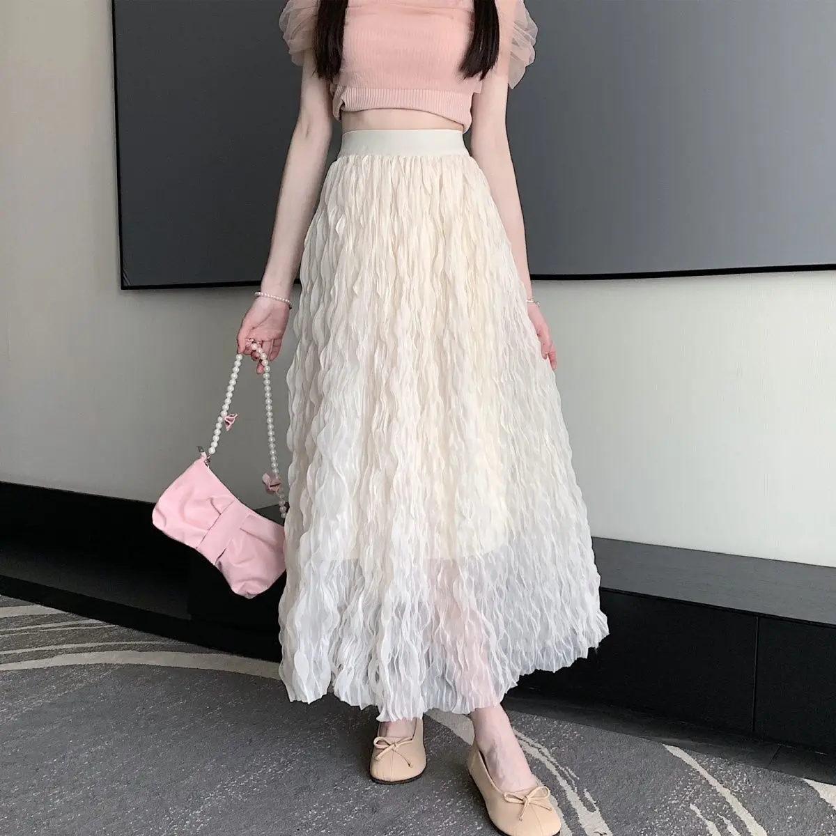 Gowyimme 2026 New Spring Summer Elegant Women High Waist Pleated Skirt All-match Girl Midi-long A-line Solid Skirts Fairy PD1866