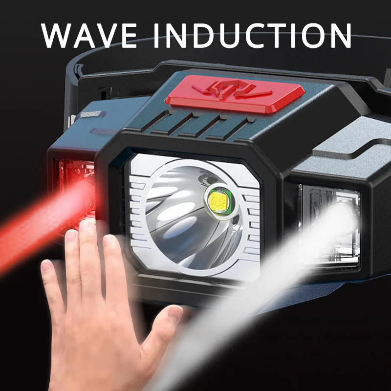 LED Sensor Headlamp USB Rechargeable Headlight Induction Head-Mounted Flashlight Outdoor Portable Waterproof Camping Wave Lamp