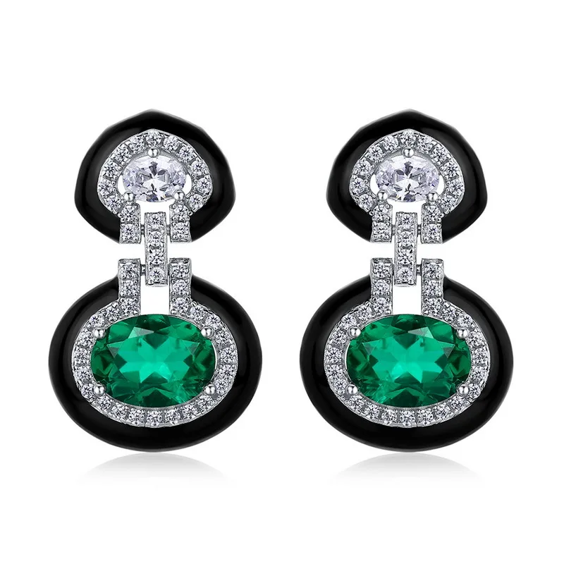 

Geometric Emerald Stud Earrings for Women, S925 Sterling Silver Lab Created, Light Luxury Modern Black Jewelry Gift