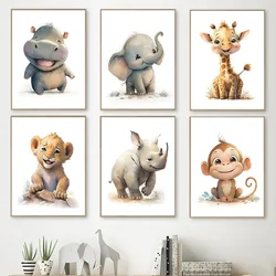 Cartoon Jungle Animals Poster Cute Elephant Lion Hippo Canvas Painting Children's Bedroom Wall Art Pictures Baby Room Decor