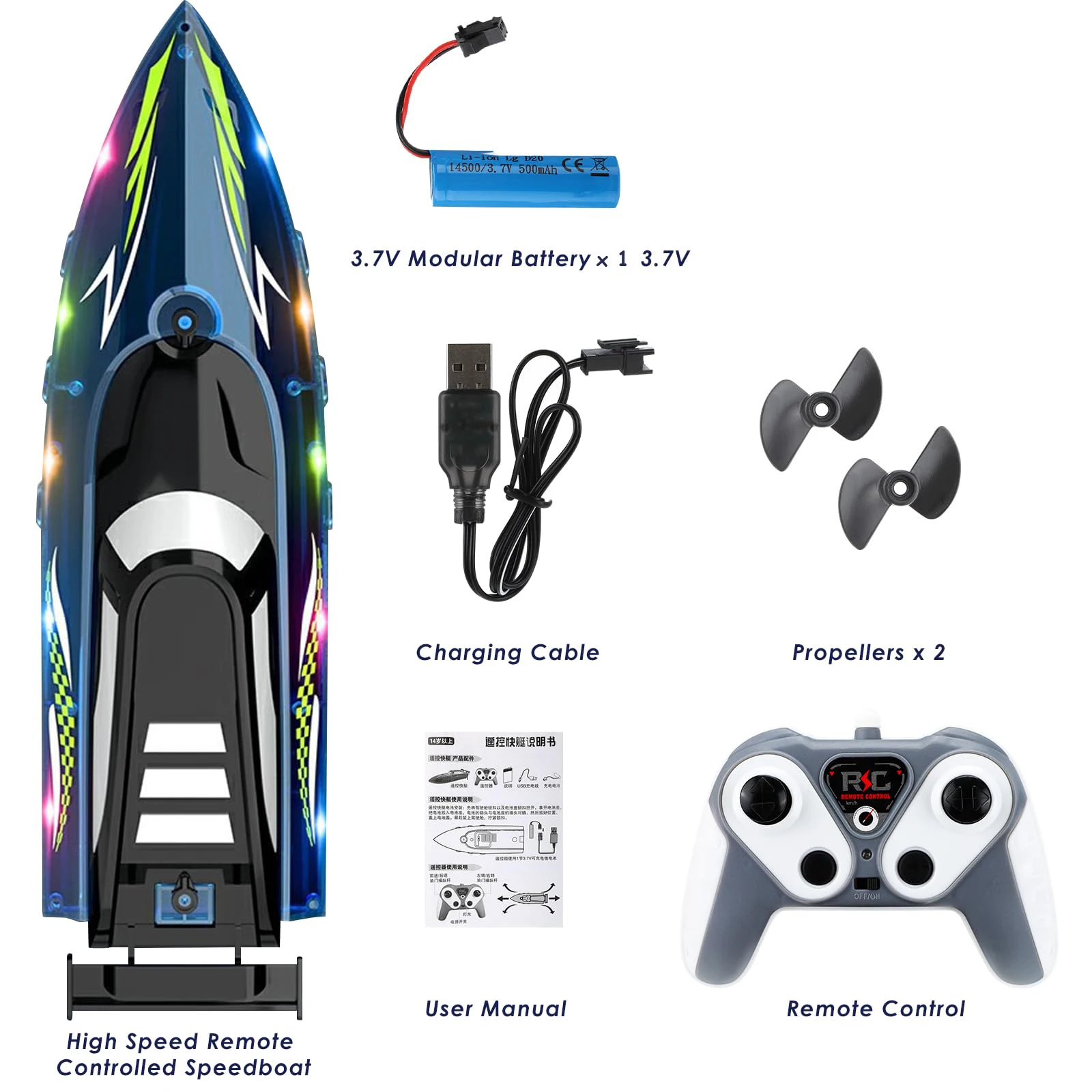 High-Speed RC Boat with LED Lights, 2.4GHz Electric Remote Control Speedboat for Pool Lake Outdoor Water Toys for Kids Boys Gift