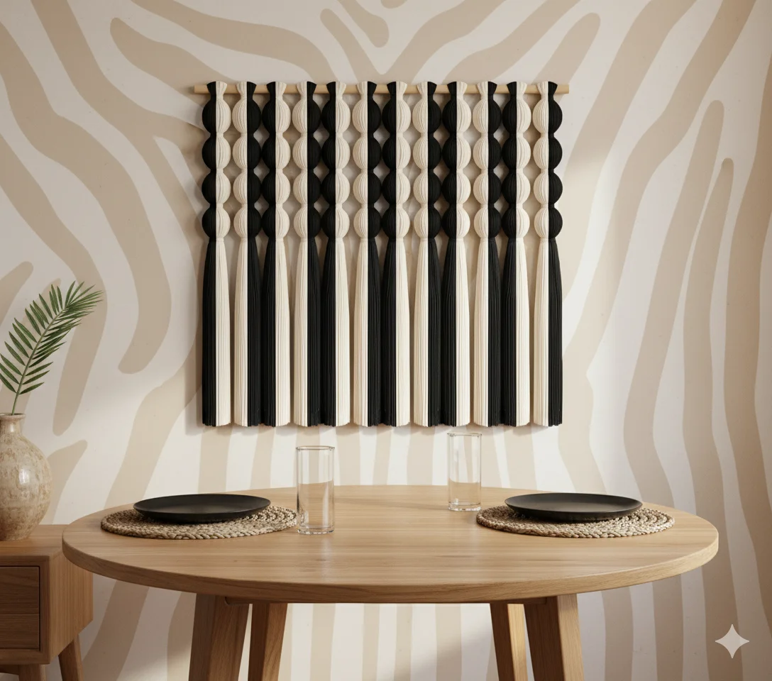 #￥Geometrically Symmetrical Art Deco Black White High LuxuryEco-Friendly Posemia Manual Woven Cotton Thread VerticalPattern Wall