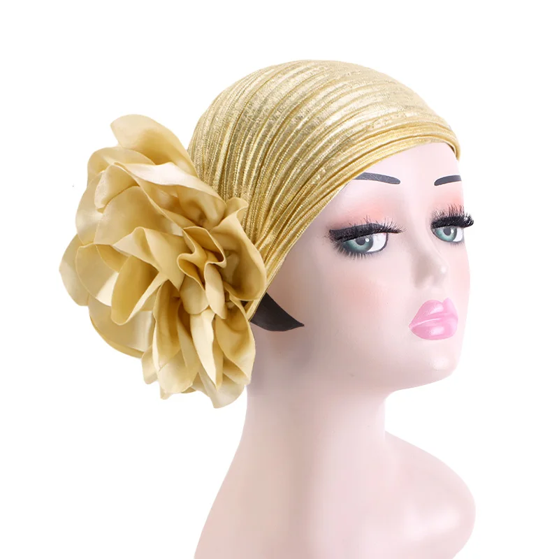 New Women Gold Silver Big Flower Turban Hijab Bonnet Muslim  Indian Hat Elastic Chemo Beanies Chemo Cap African Hat Headwear - view 4