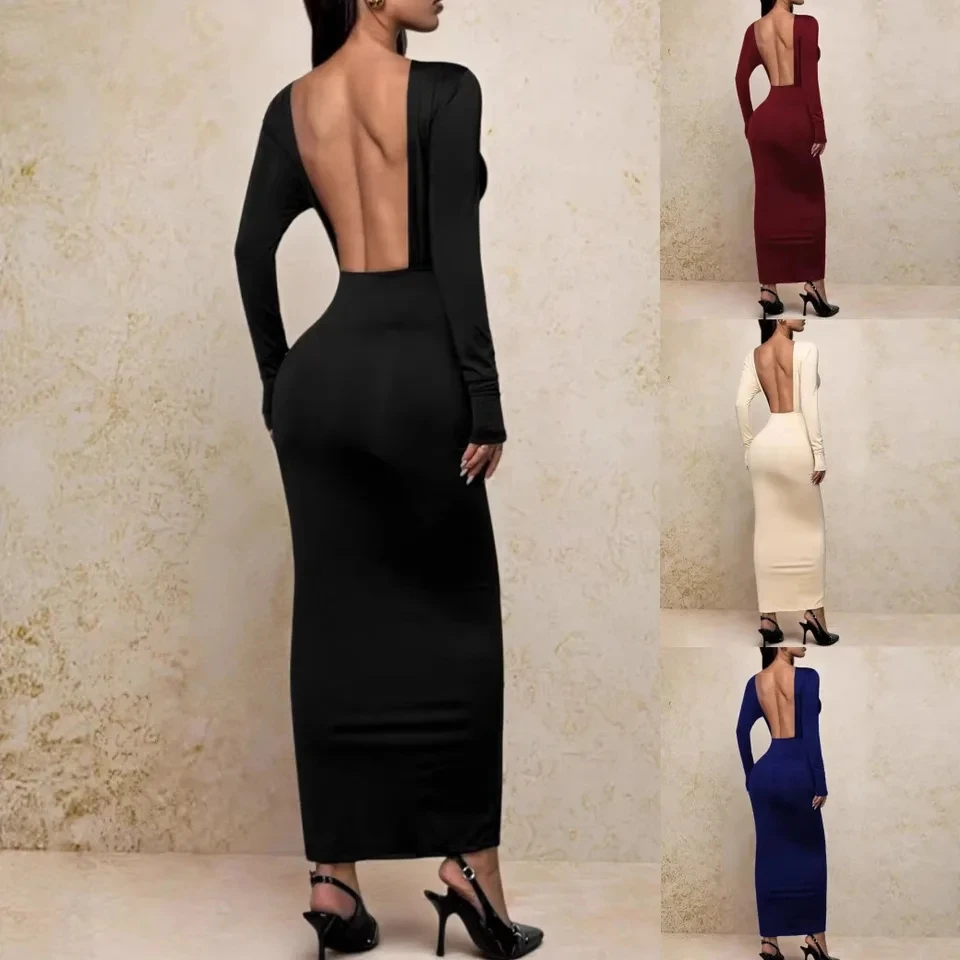 

2026 Spring New Women Casual Fashion Elegant Desin Solid Color Long Sleeve Sexy Backless Dress