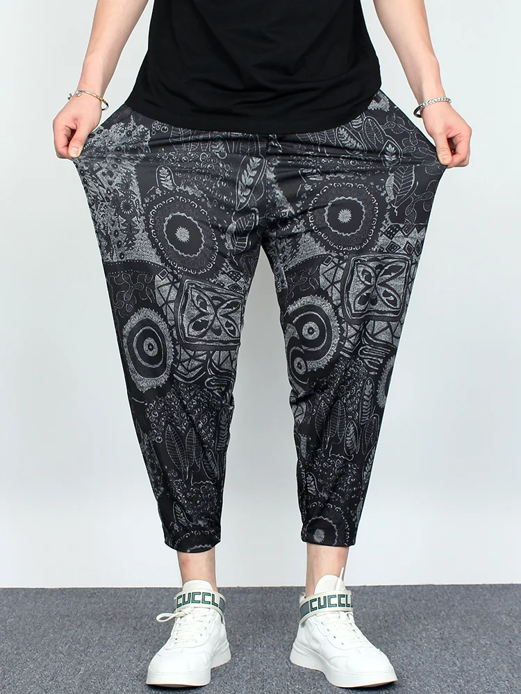 Summer New Korean Style Printed Draped Nine-point Pants Retro Loose Casual Comfortable Cool Slim Fit Casual Pants for Men