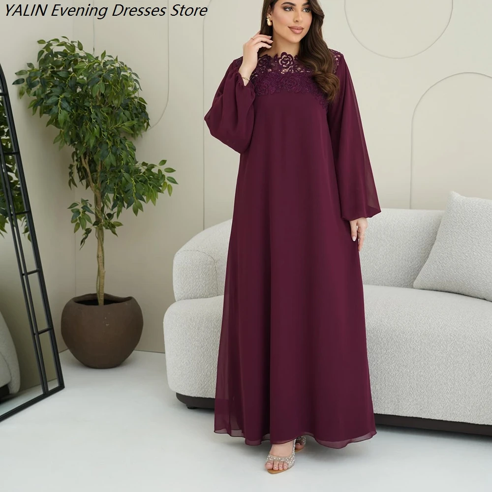 

Women's A-line Evening Dresses Ankle-length High-neck Full Sleeve Prom Dresses Fashion Lace Simple Draped Customized Gowns