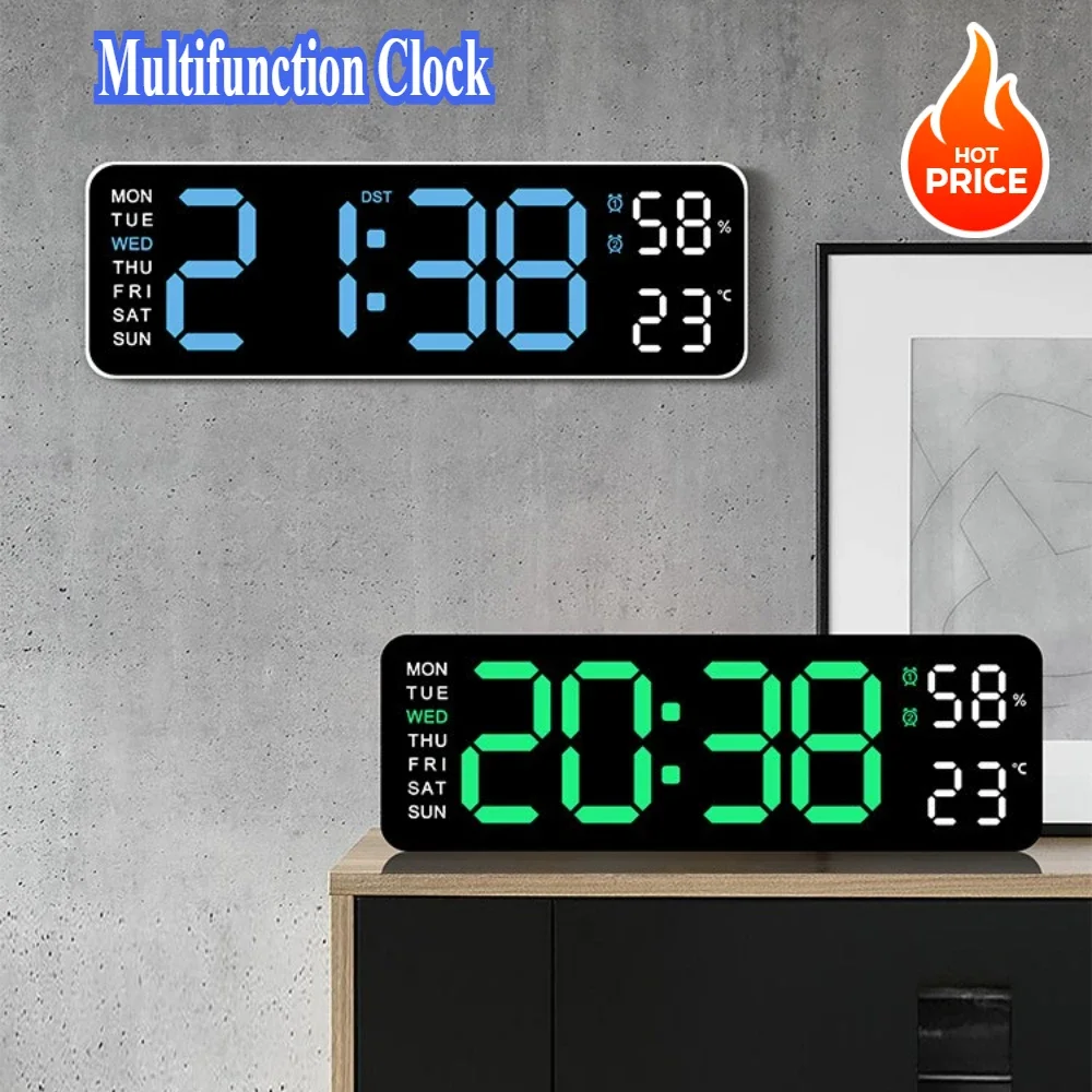 

Digital Wall Clock Living Room Temperature and Humidity Week Automatic Dimmer DST Watch Clock 12/24H Electronic LED Alarm Clock