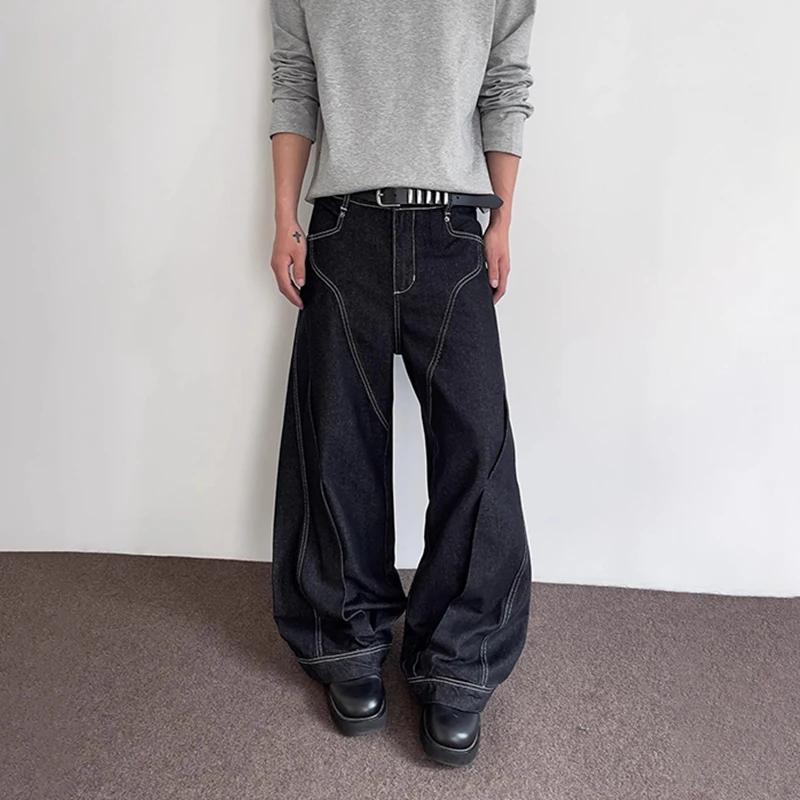 WTHT Moda Uomo Patchwork a righe Pantaloni in denim stile americano Vintage Jeans a gamba larga a vita alta Uomo 2025 Estate 2A1193