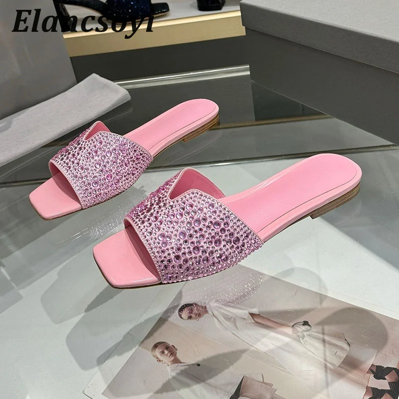 Flat Slippers Women's Bling Bling Rhinestone Square Toe Casual Shoes Summer Slides Fashion Outdoor Vacation Beach Shoes 2025