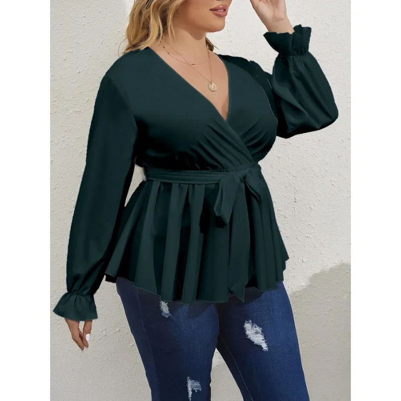 

Плюс размер 1XL-5XL, женская модная однотонная футболка с v-образным вырезом, топы, повседневная и удобная рубашка с поясным ремнем