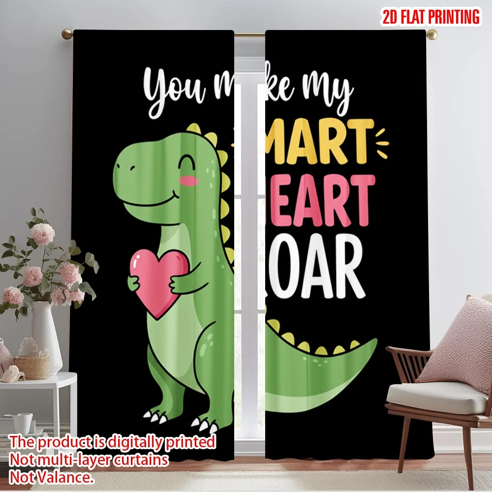 

2pcs 2D flat printing Scene Curtains T-Rex Heart Roar Valentine 100% Polyester Without Electricity Birthday Party for Bedroom