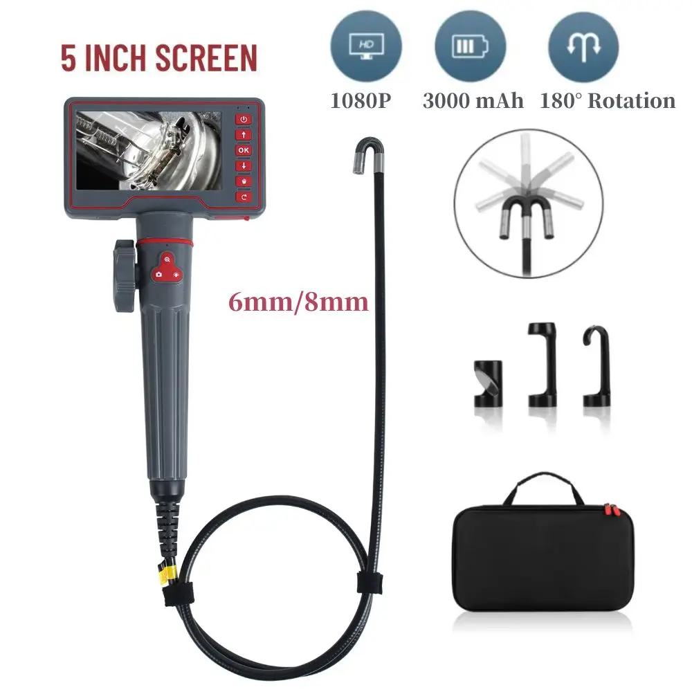 

6mm 8.5mm Steering Industrial Endoscope 3m 5m 1080P Two-Way Articulating Borescope with 5.0 " Screen for Car Sewer Inspection