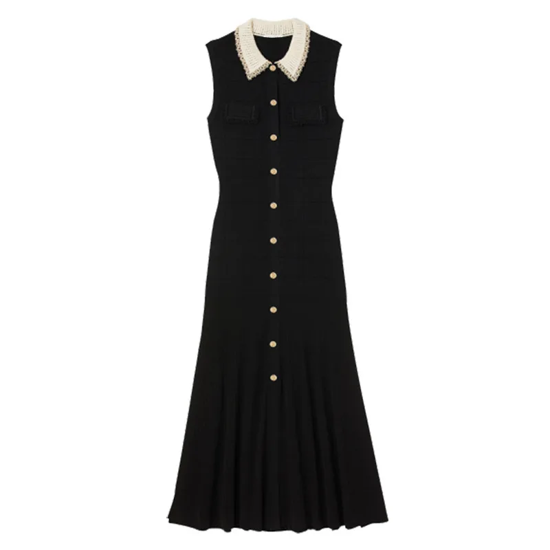 

Women Black Round Neck Knit Dress Sleeveless Slim Single Breasted Grand Holiday Party Midi Robe