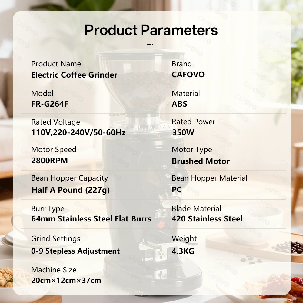 CAFOVO G264F 64mm 플랫 버 커피 그라인더 디지털 타이머 포함 에스프레소용 정전기 방지 싱글 도즈 그라인더 커피 밀