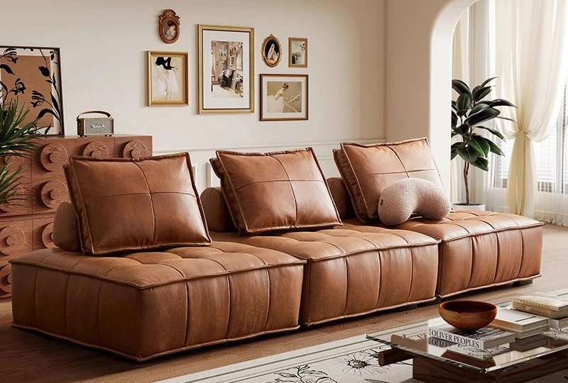 

Customizable French vintage leather sofa Piedmont designer straight row