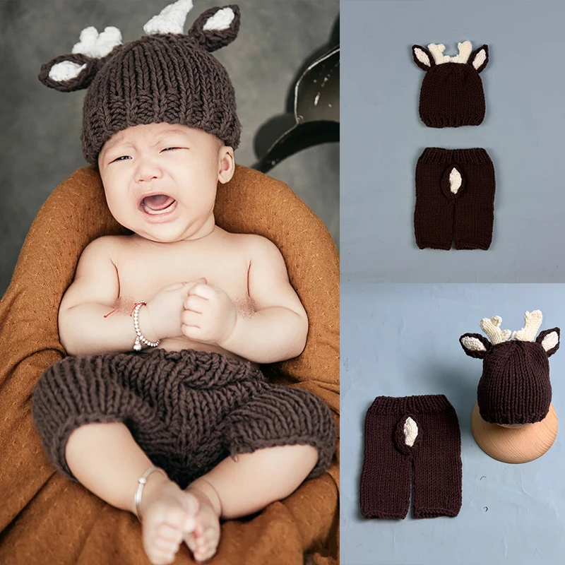 

Реквизит для фотосъемки новорожденных – вязаный крючком костюм детского оленя ручной работы со шляпой и штанами, для фотосессии, товары для новорожденных