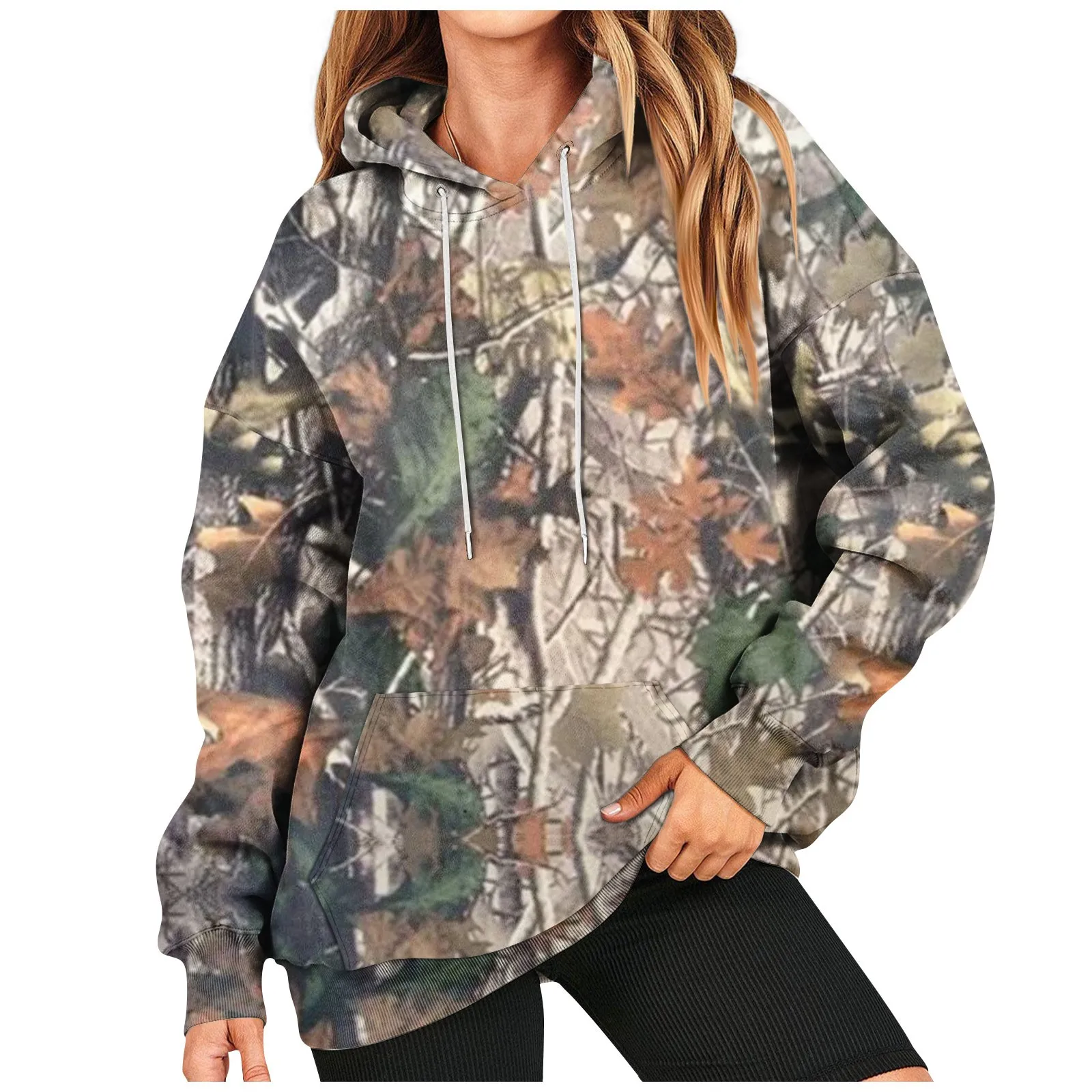 Women\'s Oversized Camouflage Hoodie Hooded Sweatshirt Casual Long Sleeved Pullover Loose Autumn Outfit