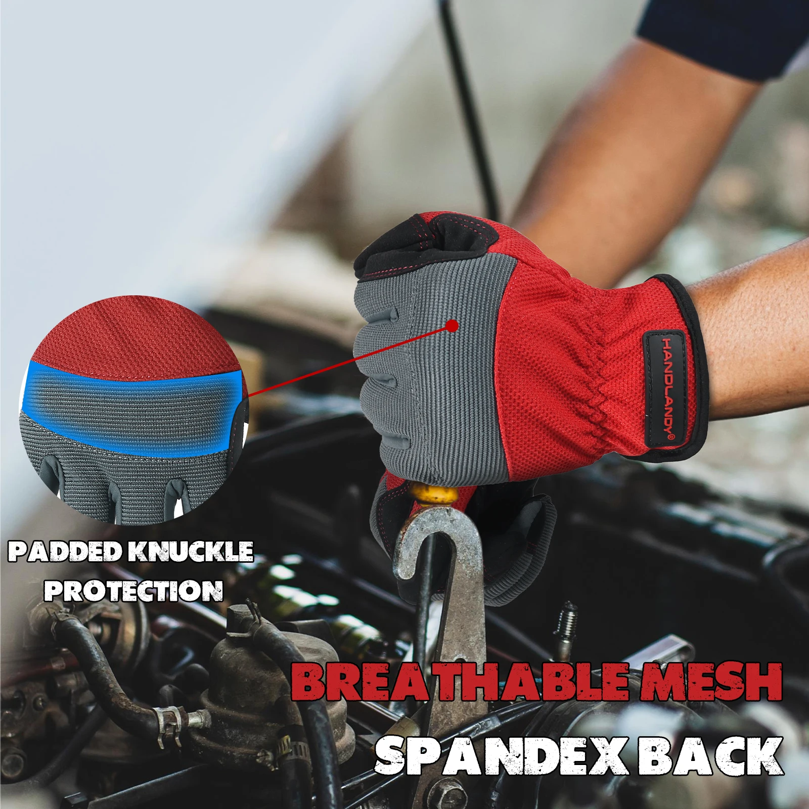 HANDLANDY Flexible Breathable Fit- Padded Knuckles & Palm Touch screen Utility Mechanic Mens Work Gloves