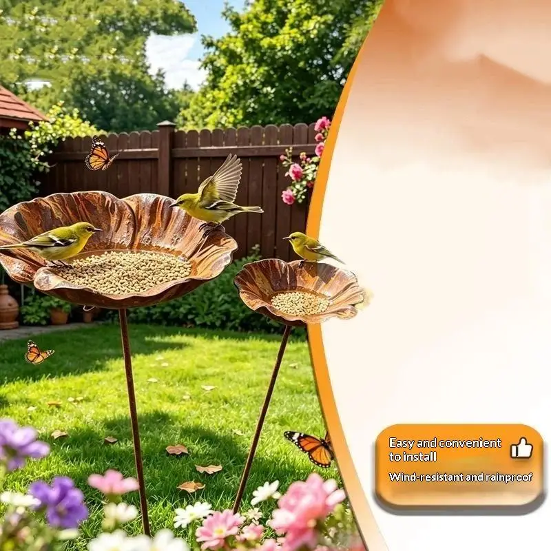Rostbeständiger Gartenpfahl-Vogeltränke-Futterständer, 2er-Pack, Metalldekoration für Terrasse, Garten und Außenbereich – Detail 1