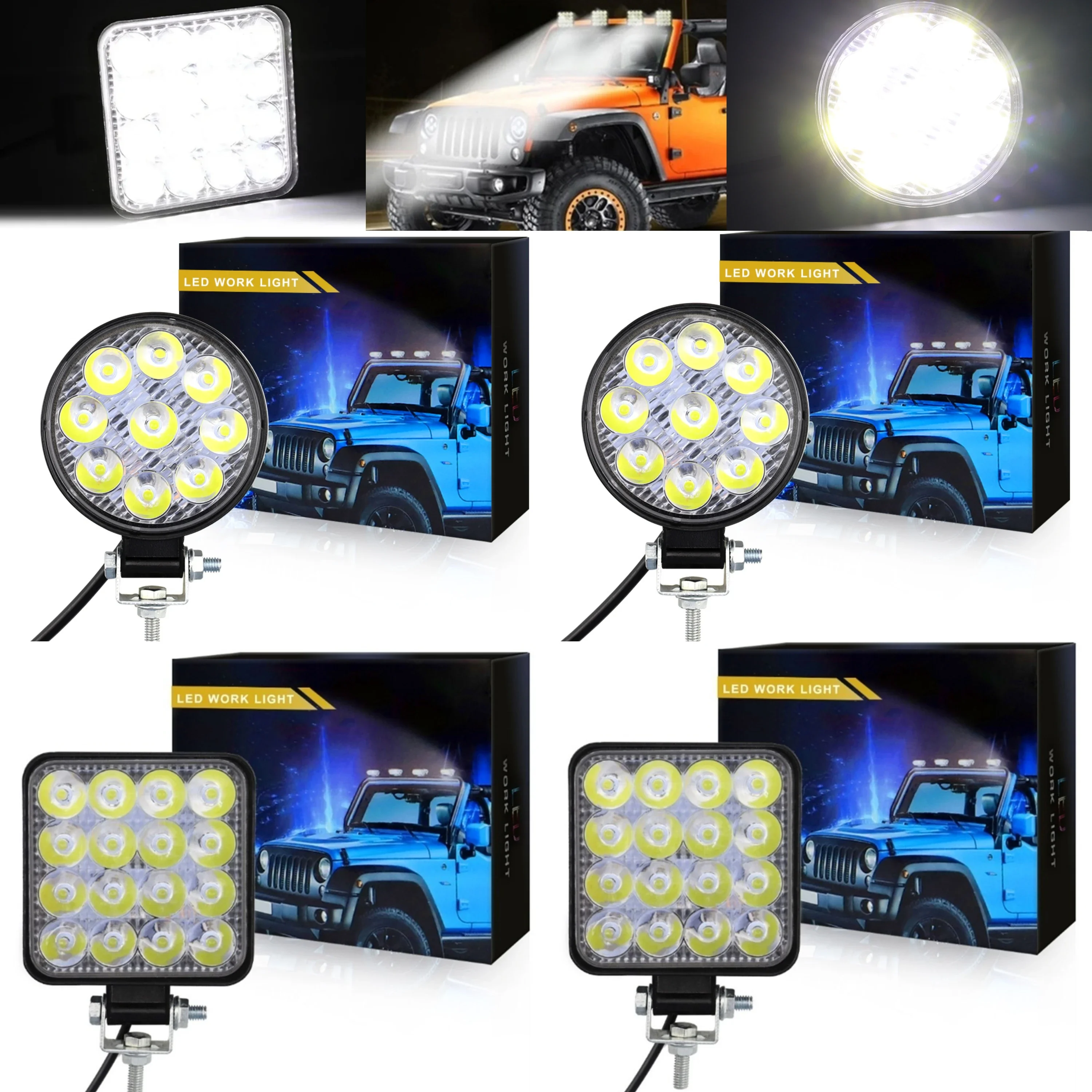 4/2PC 9-30V 27/48WMini Round/Square LED Work Light Off Road Auxiliary Modified Headlight Spotlight Flood Lamp for Car Truck SUV