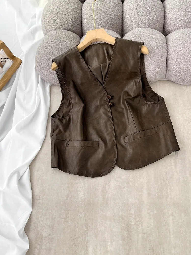 

Винтажный жилет из искусственной кожи, женский осенне-зимний новый цветной топ на пуговицах с V-Ne Faion Sensation