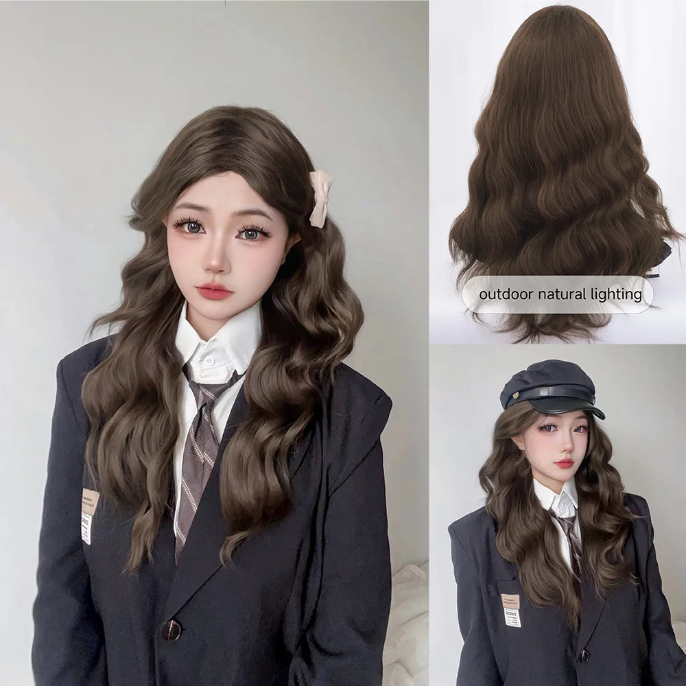 Parrucche sintetiche stile Preppy Lolita marrone da 24 pollici parrucca per capelli ondulati naturali lunghi della parte centrale per le donne Cosplay quotidiano resistente al calore