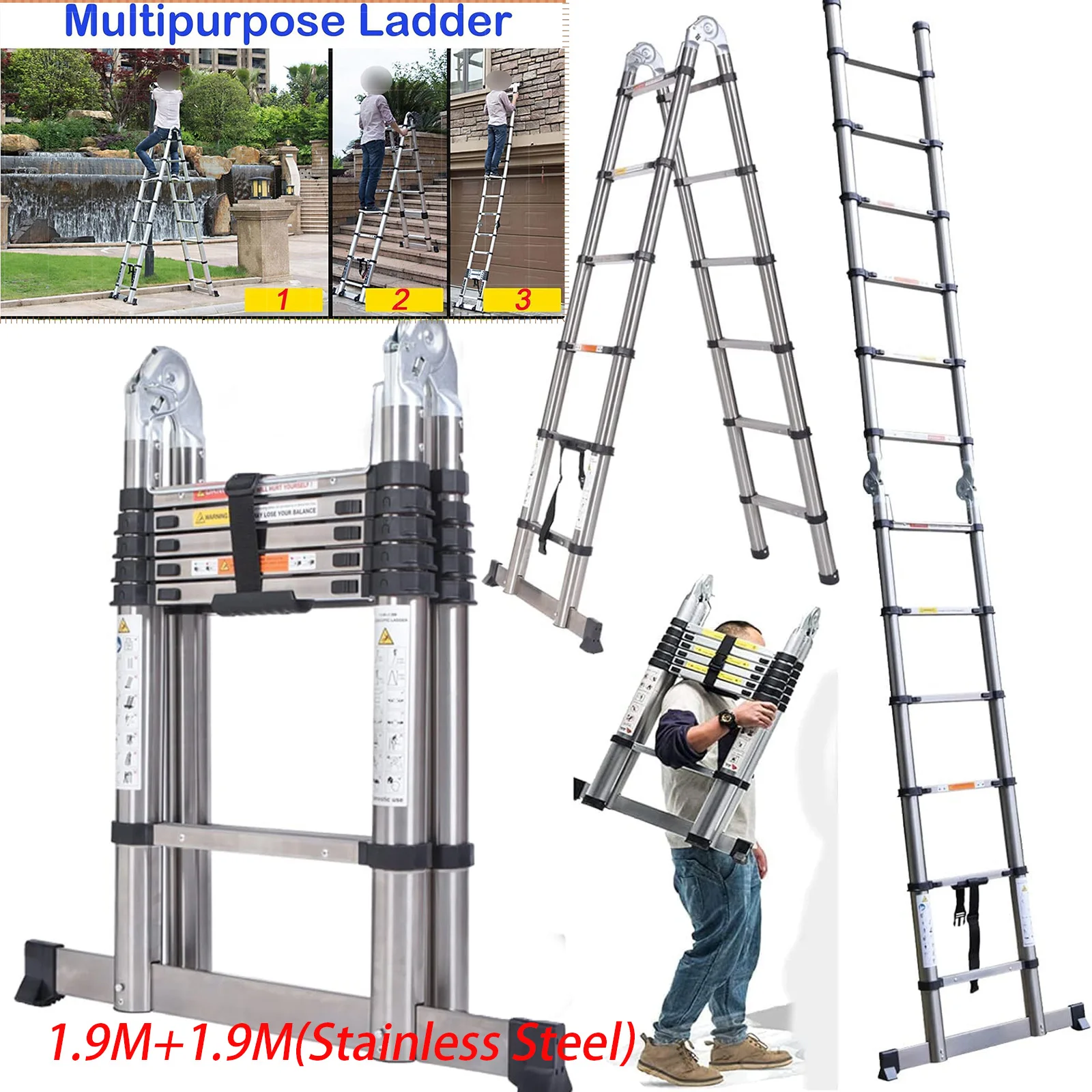 Échelle télescopique en acier inoxydable 1,9+1,9 m avec stabilisateur, échelles extensibles, capacité de 150 kg, échelle pliante