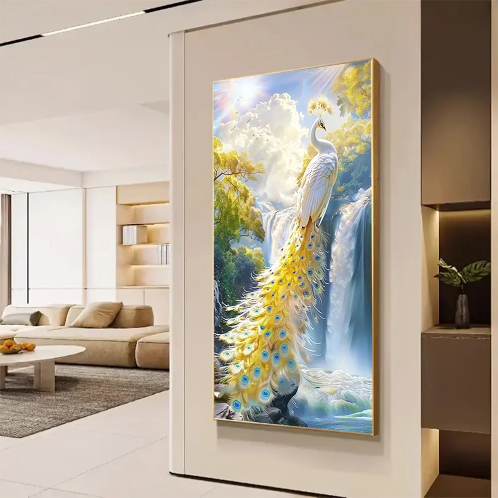 5D Diamond Painting Kit for Adults White Yellow Peacock Waterfall Full Diamond Art DIY Mosaic Cross Stitch Home Decor Gift