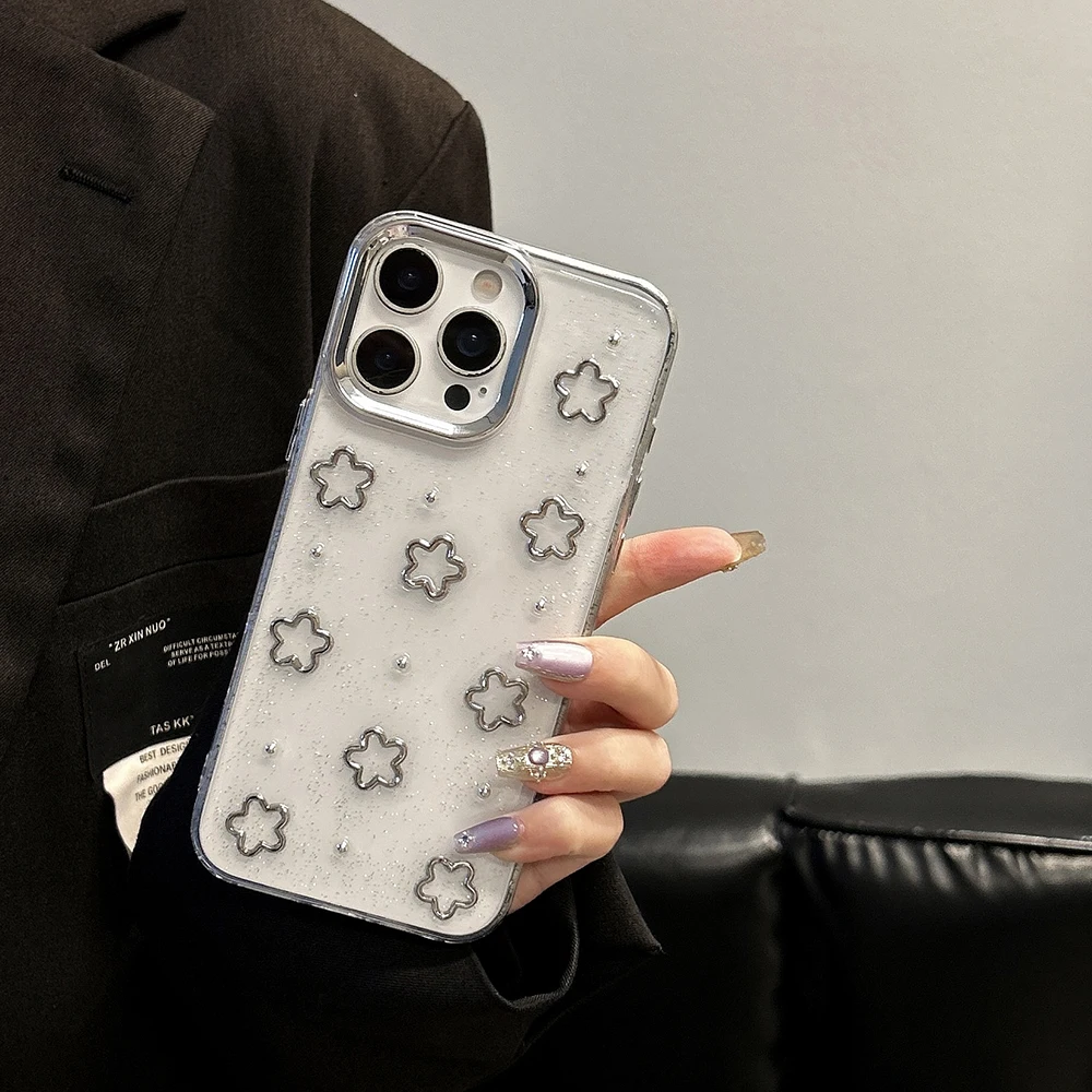 Роскошный чехол для телефона с блестками и серебряным цветком в форме сердца для iPhone 16, 15, 14, 13, 12 Pro Max Plus 11, милая прозрачная задняя крышка с цветочным принтом