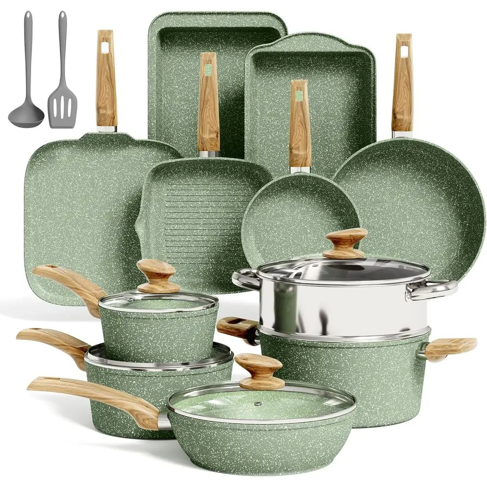 

17-Piece Sage Green Non-Stick Induction Cookware Set with Granite Coating