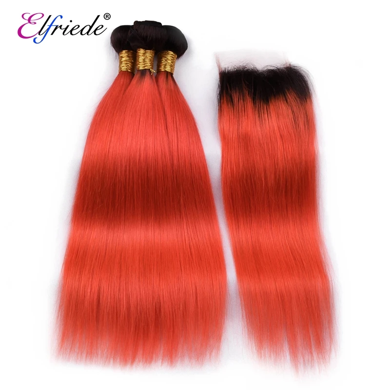 Elfriade-mechones de cabello humano liso 100% Remy, extensiones de cabello con cierre de encaje, color rojo y naranja, # 1B, 3 mechones, 4x4