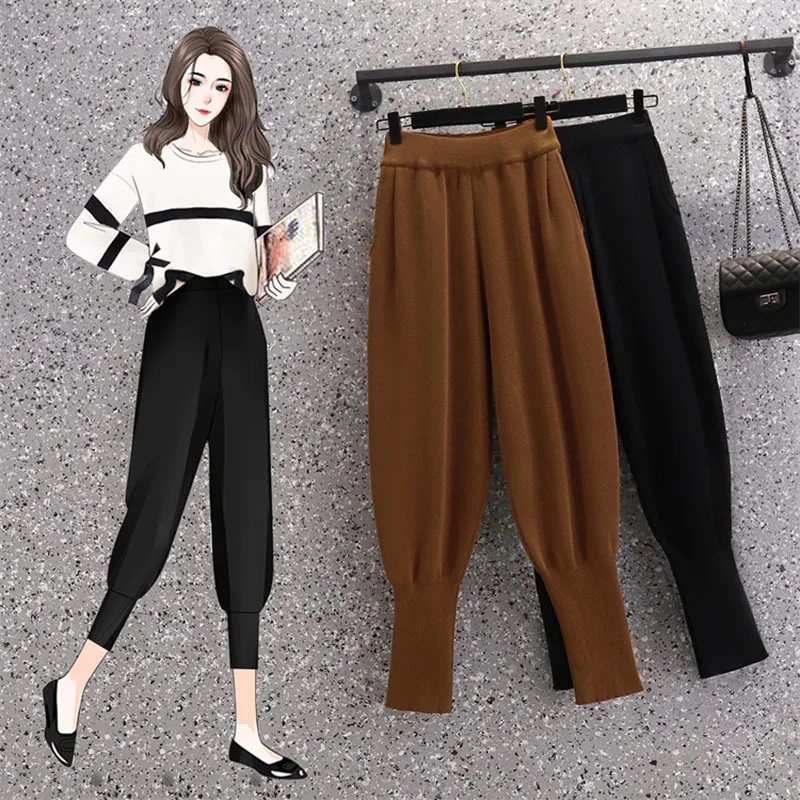 

Autumn Winter Knitted High Waist Sports Pants for Women Casual Harem Pants Loose Big size Knitted Female Trousers