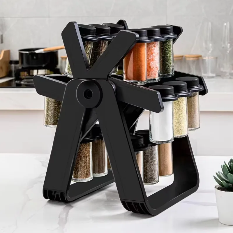 New Seasoning Organizer for Countertop Rotating Spice Rack Organizer 360 Degree Ferris Wheel Rotation with 18 Glass Jar Set