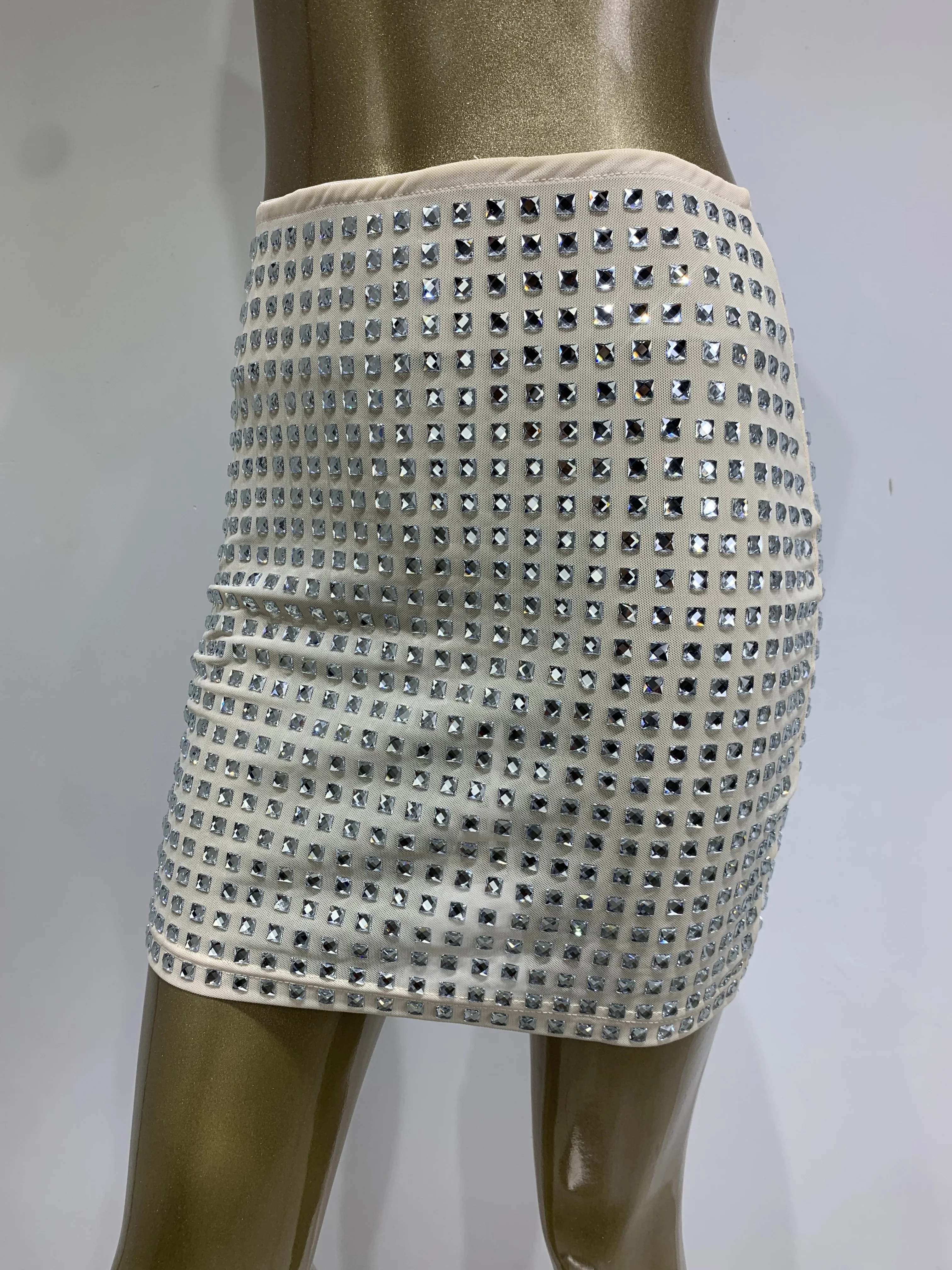 Summer New 2024 Women Nude Mesh Crystal Skirt INS Designer Stage Costume Sparkly Mini Party Skirt