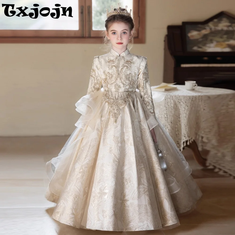 Golden Beaded Appliques Kids Princess Gown For Birthday Party 2027 New Exquisite High Neck Long Sleeve Girls Dress Host Costumes