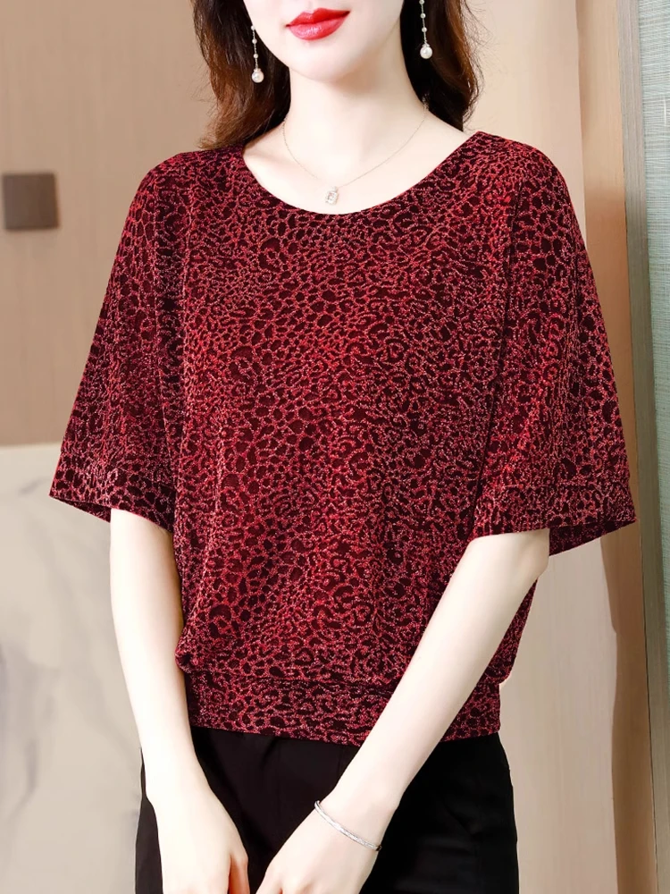 Women's Summer New Arrival Middle Length Sleeve Loose Leopard Pattern Shiny Thread T-Shirt Fashion Versatile Fashion Top