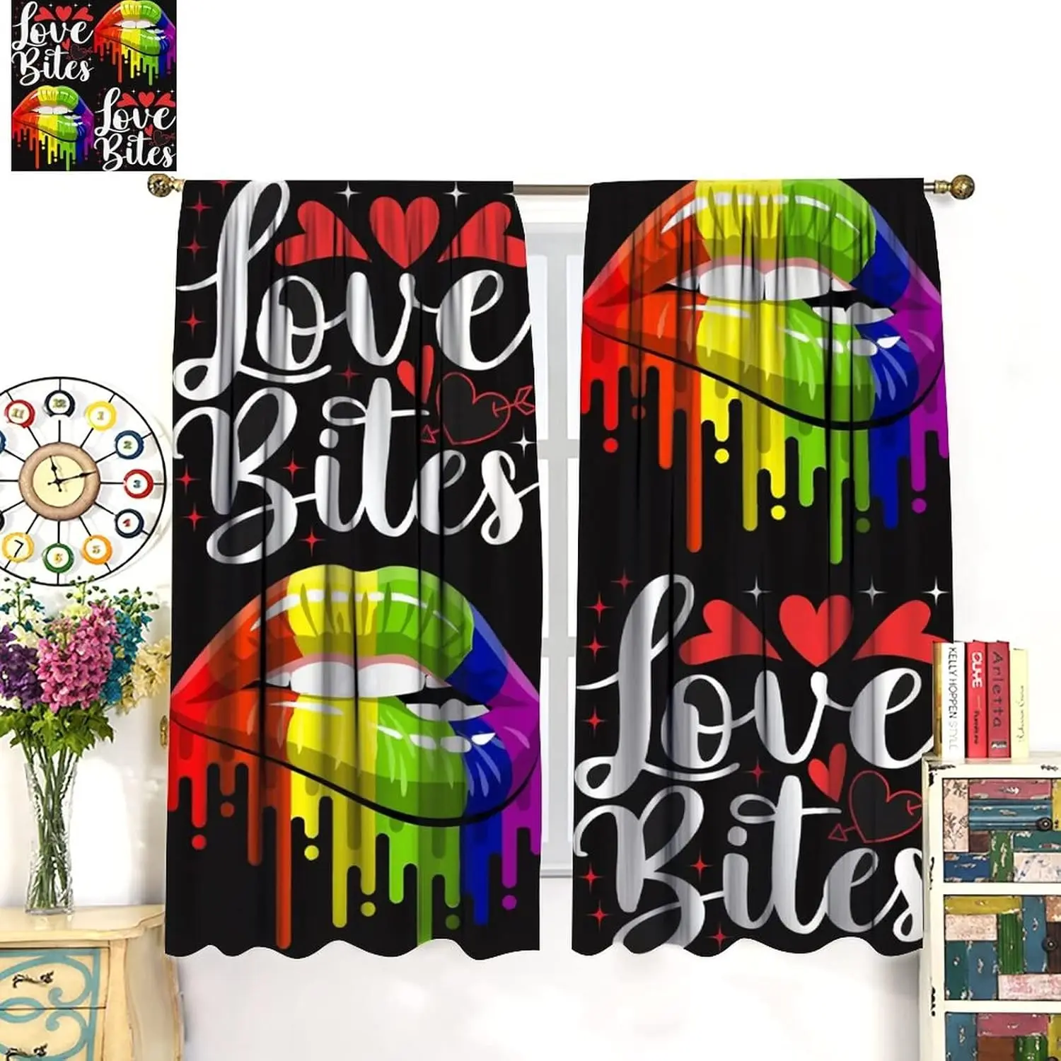Rainbow Striped Curtains,Women Sexy Lips Funny Lips Text Quotes,Women Women Bedroom Living Room Blackout Curtains,Set of 2Panels