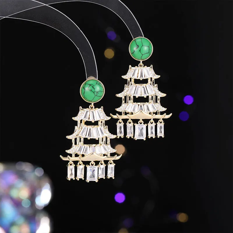 Chinese Style Micro-inlaid Zircon Earrings Classical Zirconium Pavilion Drop Earrings for Women's Retro Dangle Ear Ring Jewelry