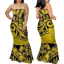 Summer Fashion Strapless Evening Dress Custom Polynesian Print New Design Party Elegant Slim Fishtail Dress Soft Quality Fabric