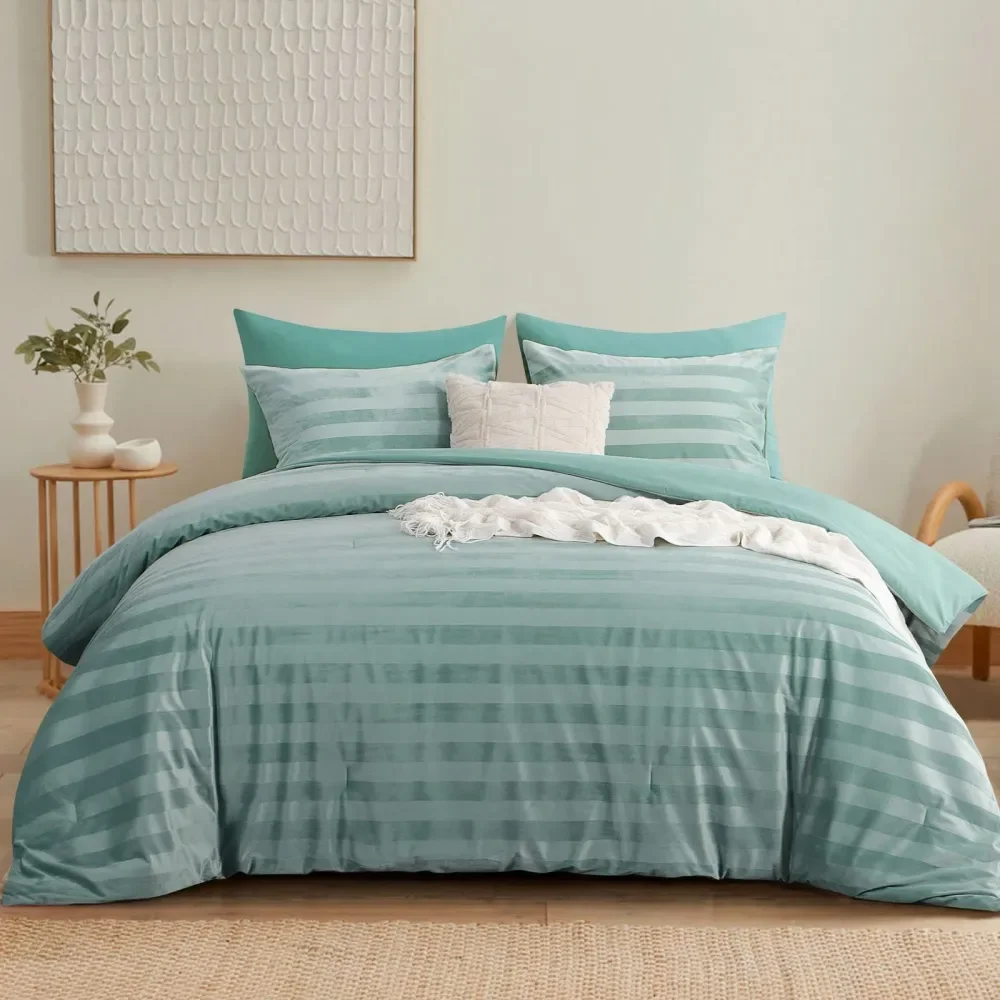 

3 Pieces Satin Striped Comforter Set Queen Size Set, Luxury Silky Like Ivory Stripe Duvet Set Bedding Set, 1 Comforter Set 2 Pi