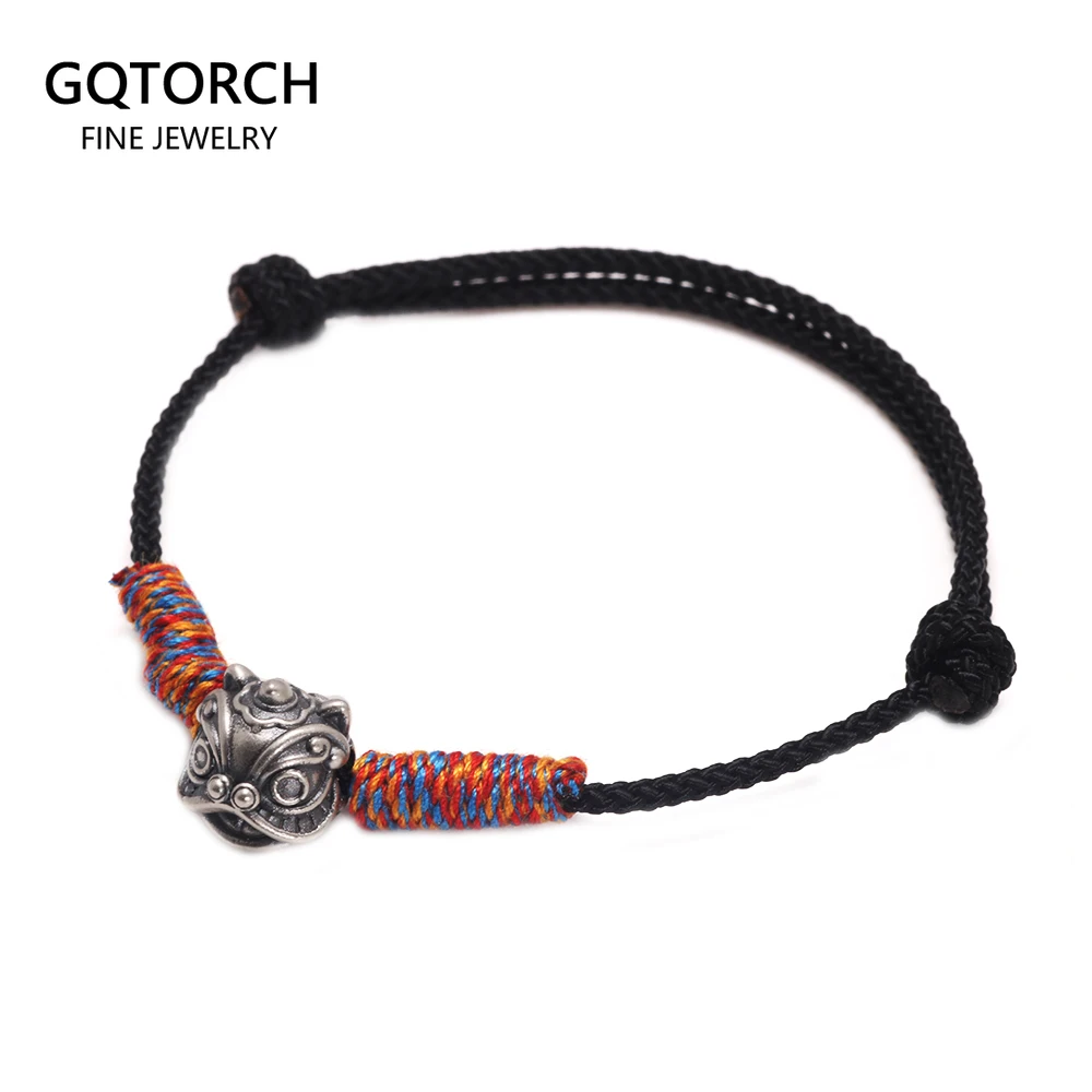 

S999 Sterling Silver Lion Handmade Braid Rope Colorful Bracelet for Men and Women Good Luck Retro Animal Jewelry Gift
