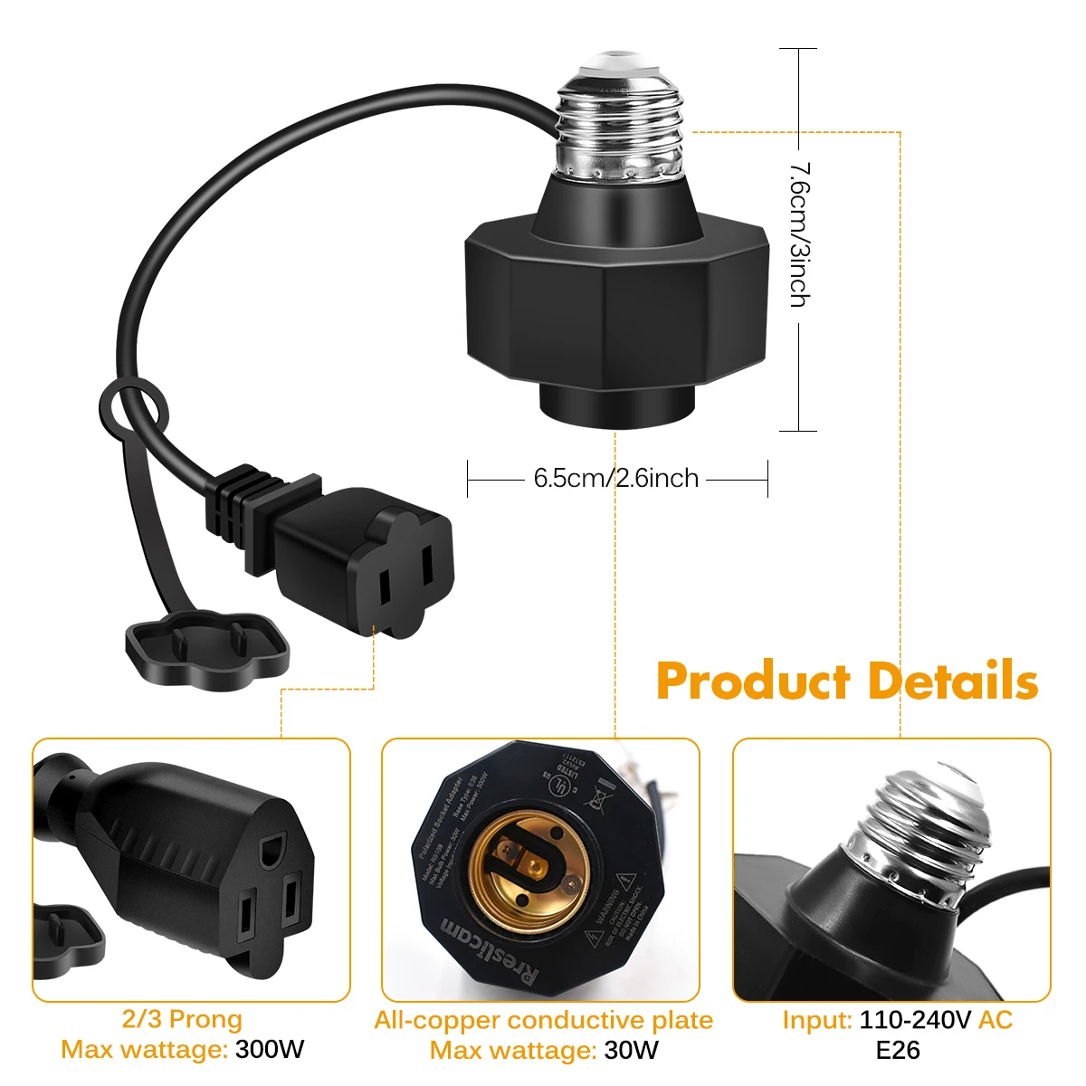 Outlet Light Socket Adapter E26 Bulb Socket to 2/3 Prong Outlet with Extension Cord Flexible Light Socket Converter for Camera
