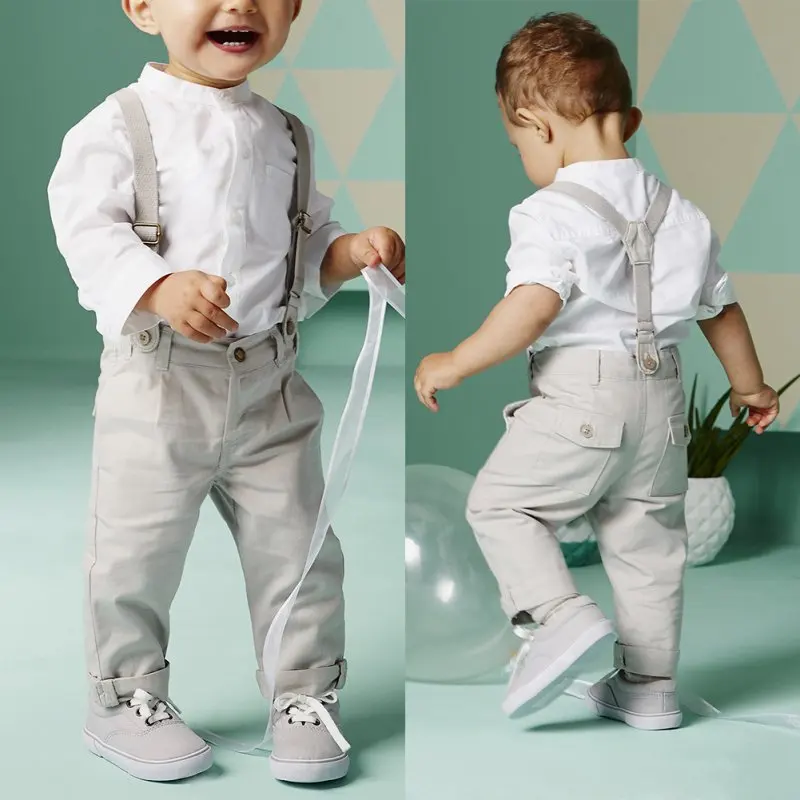 Gentleman Costume Newborn Baby Boy Clothes White T-shirt Tops + Overalls Suspender Trouser 2PCS Outfit Spring Autumn Suit